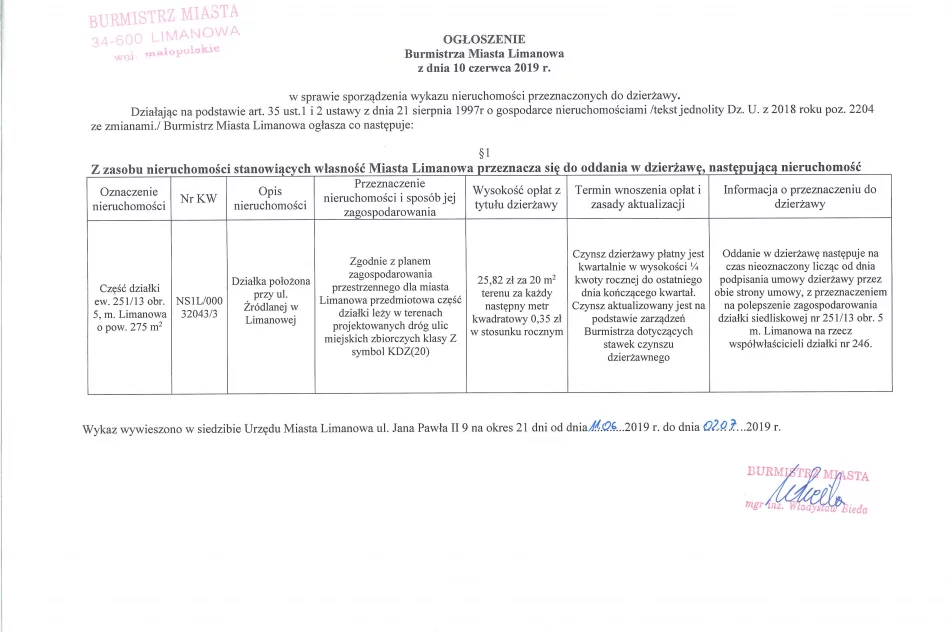 Ogłoszenie Burmistrza Miasta Limanowa z dnia 10.06.2019 r.  - zdjęcie 2