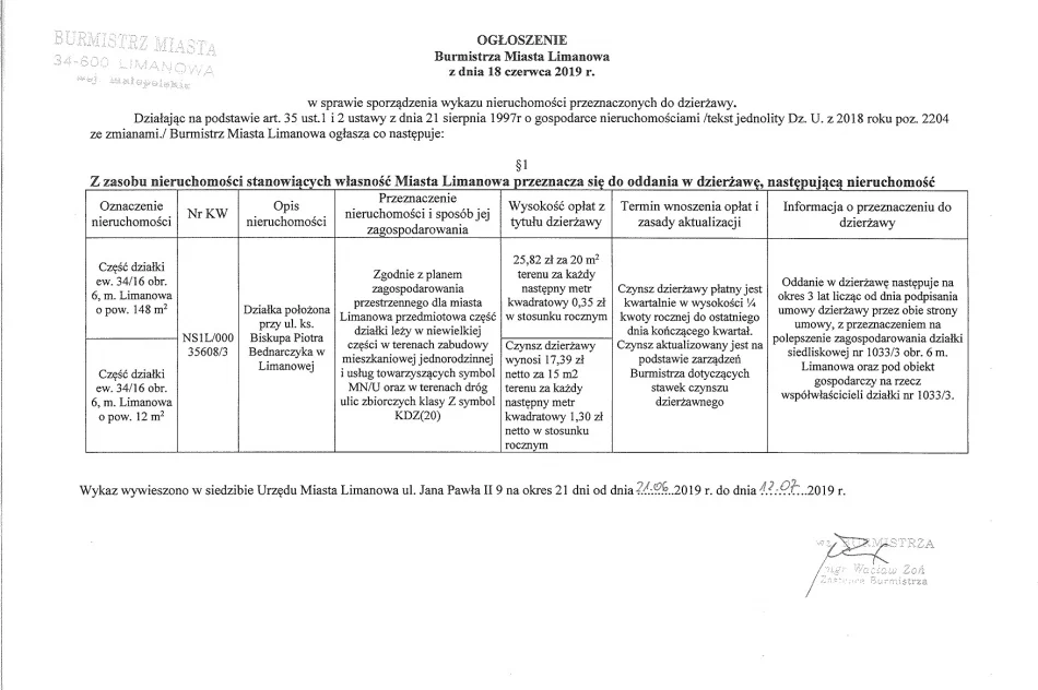 Ogłoszenie Burmistrza Miasta Limanowa z dnia 18.06.2019 r.  - zdjęcie 2