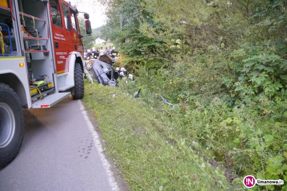 Mercedes uderzył w drzewo i zawisł na przepuście. Kierowcę wydobywali strażacy - zdjęcie 3