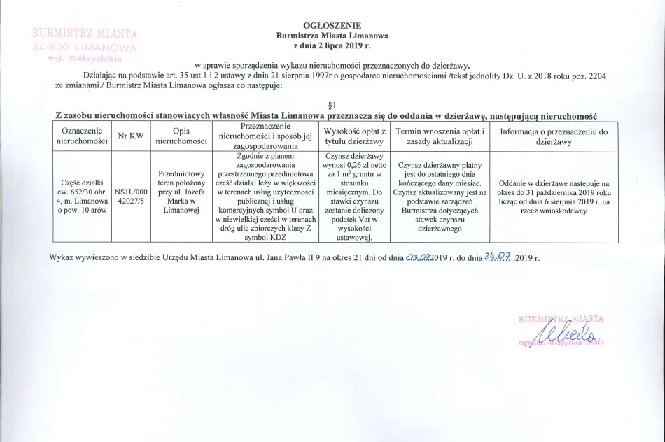 Ogłoszenie Burmistrza MIasta Limanowa z dnia 02.07.2019 r. - zdjęcie 2