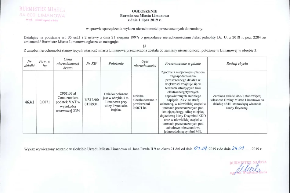 Ogłoszenie Burmistrza Miasta Limanowa z dnia 01.07.2019 r.  - zdjęcie 2