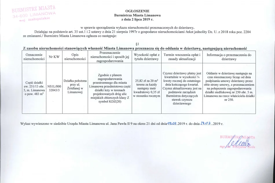 Ogłoszenie Burmistrza Miasta Limanowa z dnia 02.07.2019 r.  - zdjęcie 2