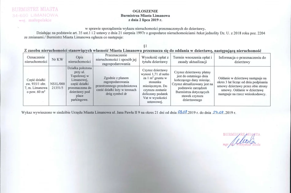 Ogłoszenie Burmistrza MIasta Limanowa z dnia 02.07.2019 r.  - zdjęcie 2