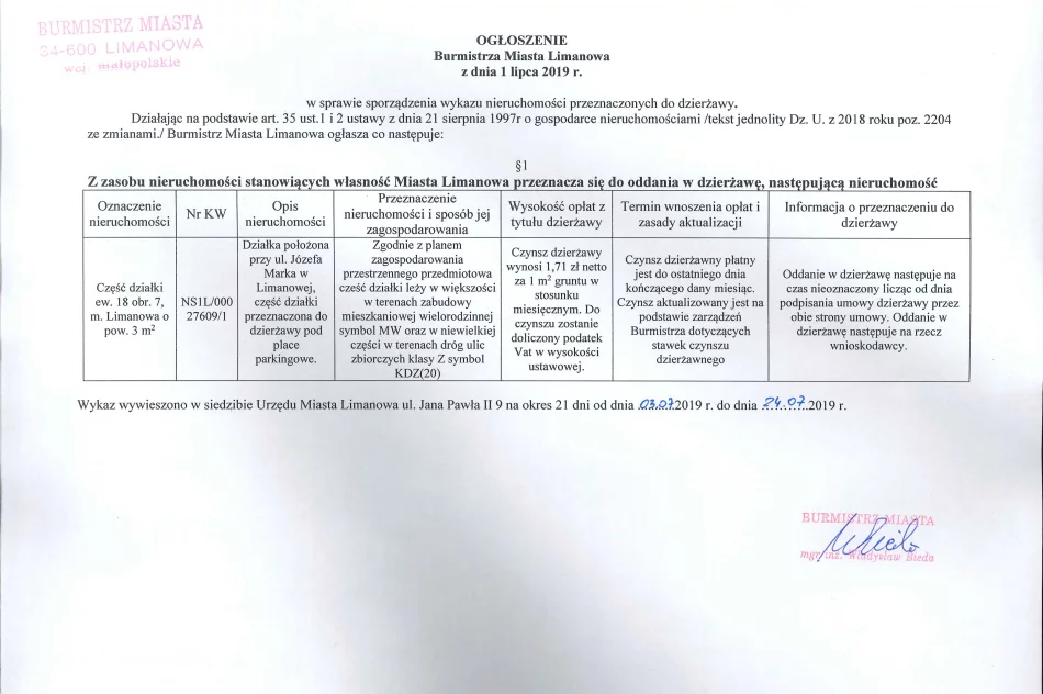 Ogłoszenie Burmistrza MIasta Limanowa z dnia 01.07.2019 r.  - zdjęcie 2