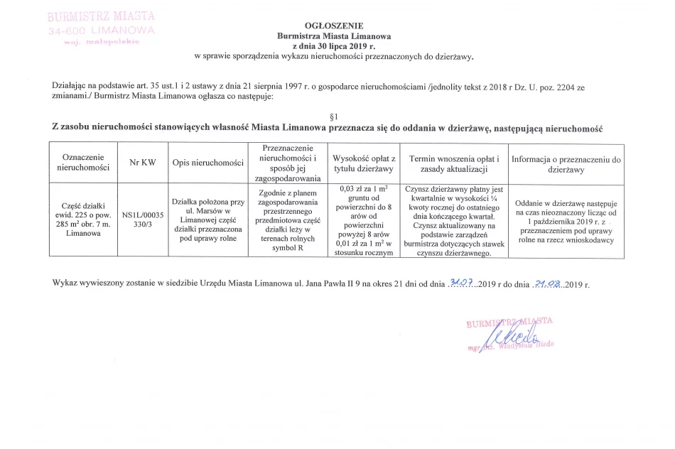 Ogłoszenie Burmistrza Miasta Limanowa z dnia 30.07.2019 r.  - zdjęcie 2