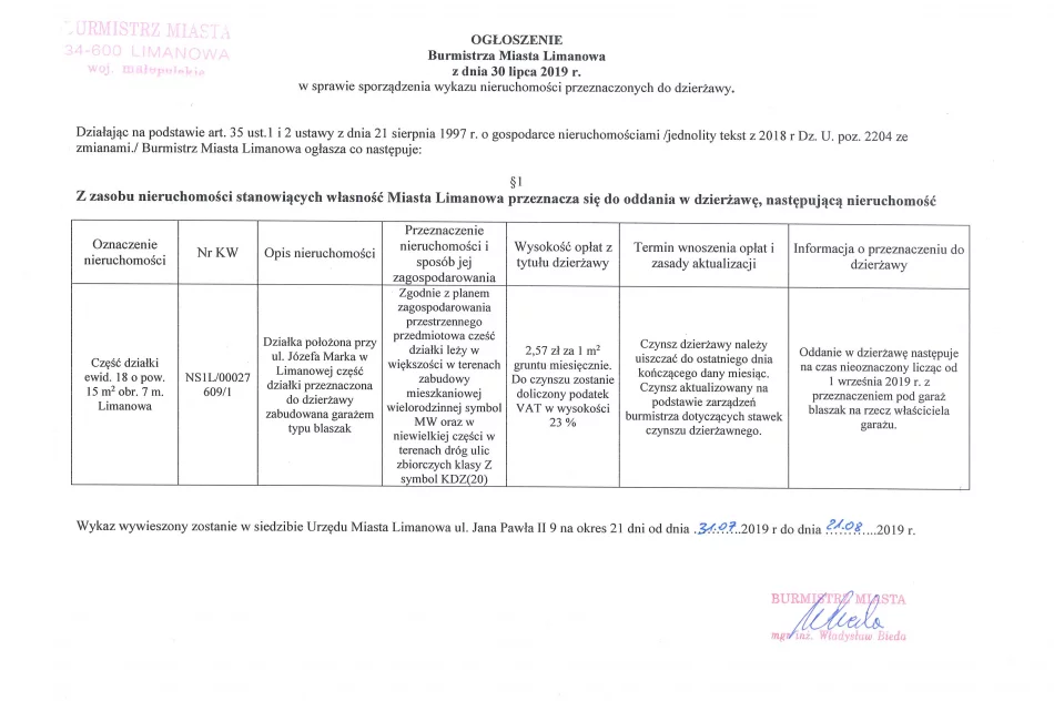 Ogłoszenie Burmistrza Miasta Limanowa z dnia 30.07.2019 - zdjęcie 2