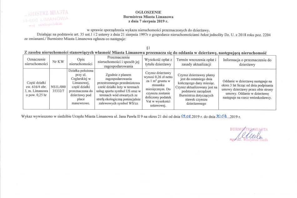 Ogłoszenie Burmistrza Miasta Limanowa z dnia 09.08.2019r.  - zdjęcie 2