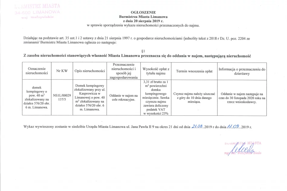 Ogłoszenie Burmistrza Miasta Limanowa z dnia 20.08.2019 r.  - zdjęcie 2