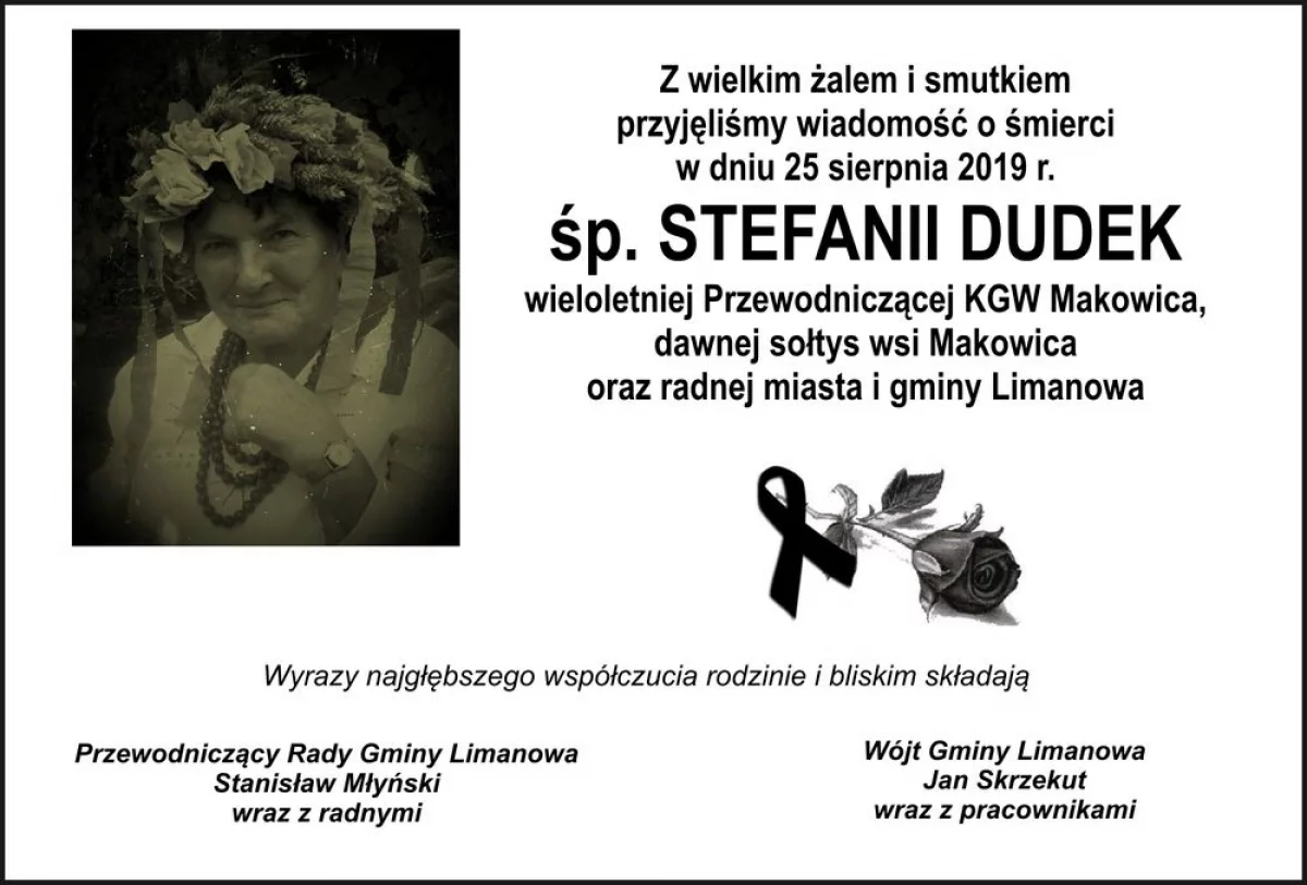 Kondolecje z powodu śmierci Stefanii Dudek