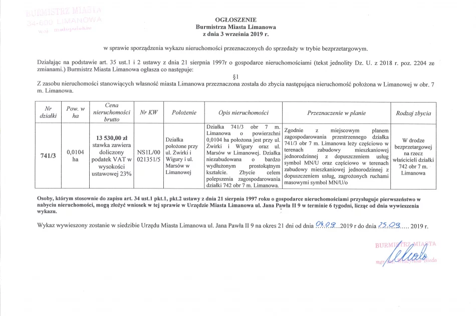 Ogłoszenie Burmistrza Miasta Limanowa z dnia 03.09.2019 r.  - zdjęcie 2