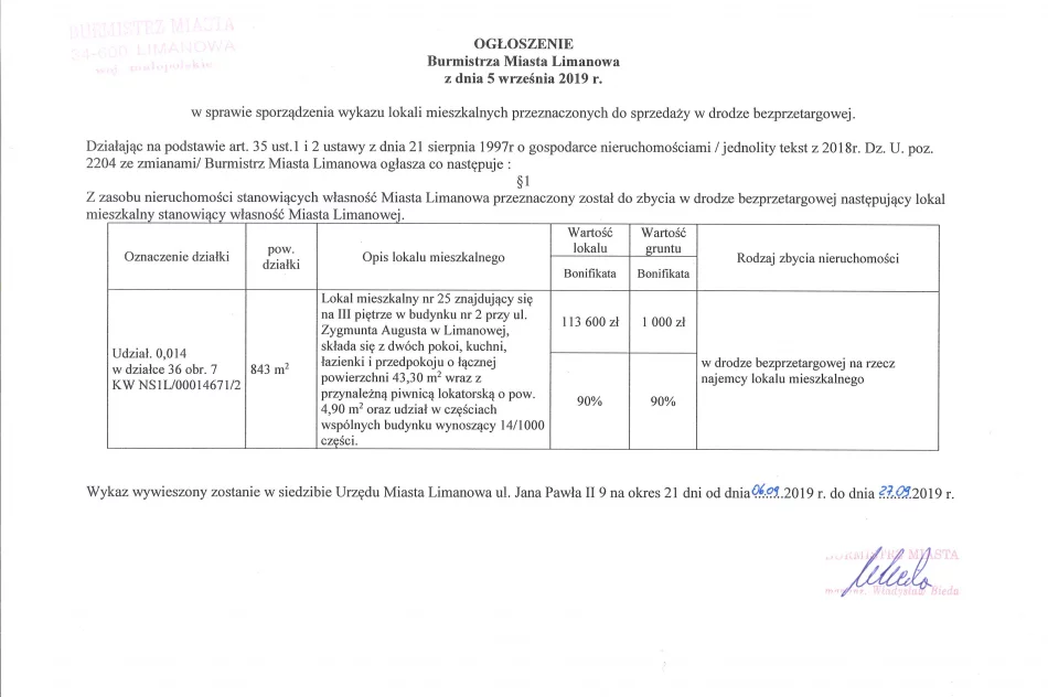 Ogłoszenie Burmistrza Miasta Limanowa z dnia 05.09.2019 r.  - zdjęcie 2