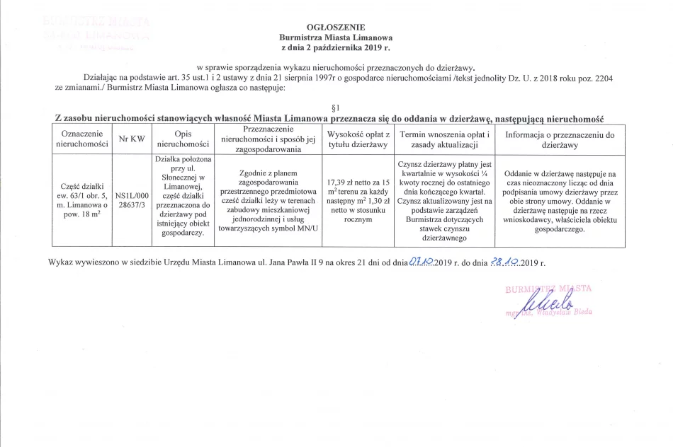 Ogłoszenie Burmistrza Miasta Limanowa z dnia 07.10.2019 r. dotyczące wywieszenia wykazu nieruchomości przeznaczonych do dalszej dzierżawy.  - zdjęcie 2