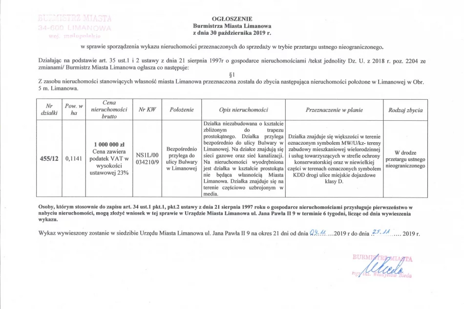 Ogloszenie Burmistrza Miasta Limanowa z dnia 30.10.2019 r. dotyczące wywieszenia wykazu nieruchomości przeznaczonych do sprzedaży. Dotyczy działki 455/12 obr 5 m. Limanowa  - zdjęcie 2