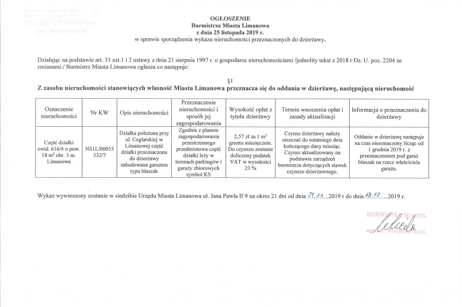 Ogłoszenie Burmistrza Miasta Limanowa z dnia 25.11.2019 r. w sprawie przeznaczenia nieruchomości do dzeirżawy  - zdjęcie 2