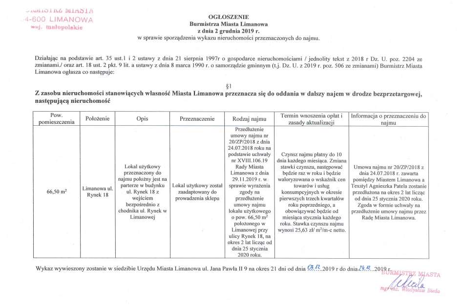 Ogłoszenie Burmistrz Miasta Limanowa z dnia 02.12.2019 r. dotyczące lokalu użytkowego ul. Rynek 18 w Limanowej  - zdjęcie 2