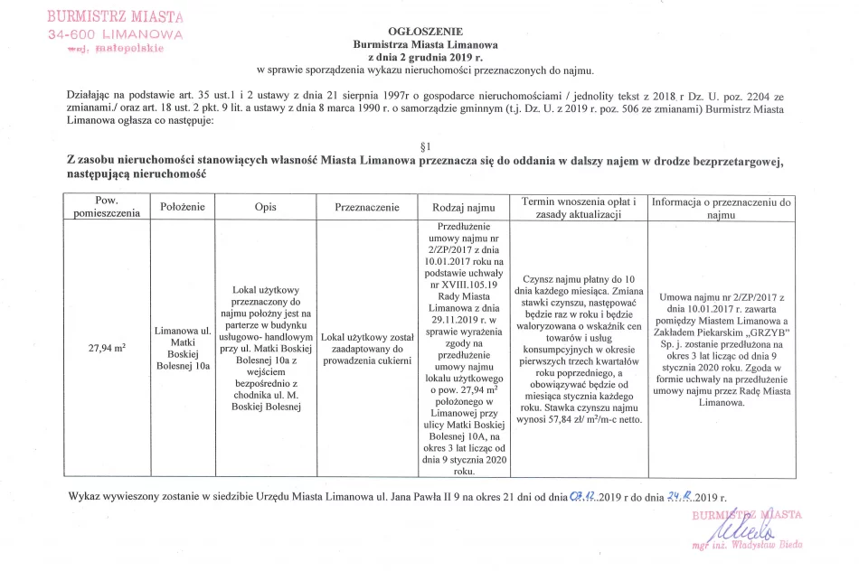 Ogłoszenie Burmistrza Miasta Limanowa z dnia 02.12.2019 r. dotyczy lokalu użytkowego ul. M. B. Bolesnej 10a w Limanowej o pow. 27,94 m2 - zdjęcie 2