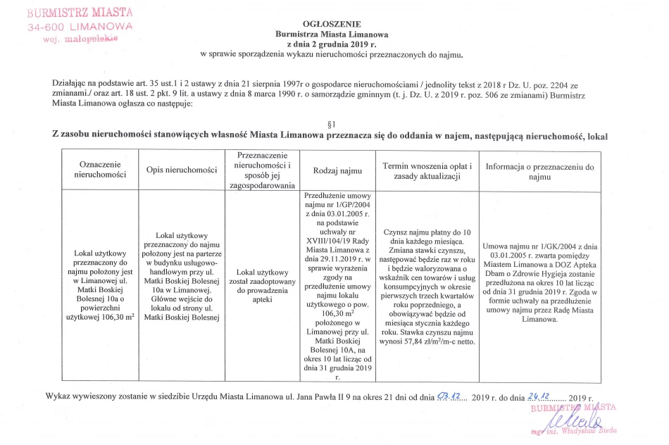 Ogłoszenie Burmistrza Miasta Limanowa z dnia 02.12.2019 r. dotyczy lokalu uzytkowego ul. M. B. Bolesnej 10a w Limanowej o pow. 106,30m2  - zdjęcie 2