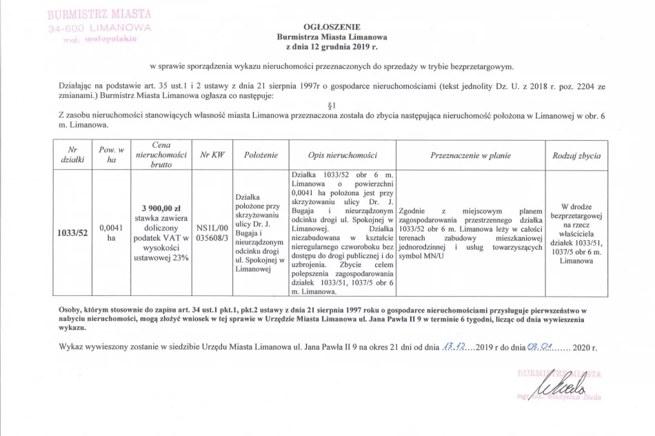 Ogłoszenie Burmistrza Miasta Limanowa z dnia 12.12.2019 r. o przeznaczeniu działki 1033/52 obr 6 m. Limanowa do zbycia w drodze bezprzetargowej - zdjęcie 2