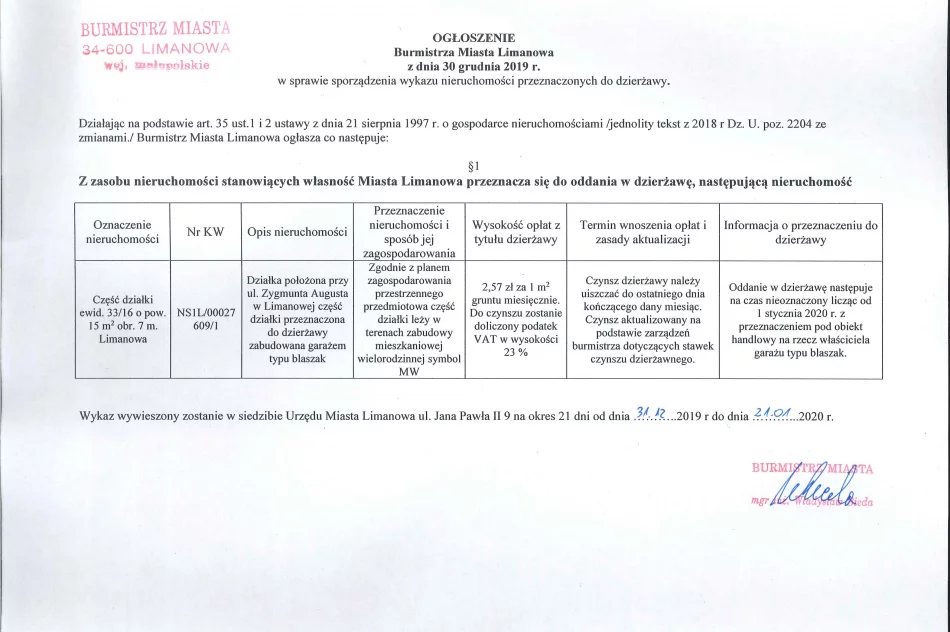 Ogłoszenie Burmistrza Miasta Limanowa z dnia 30.12.2019 r.  - zdjęcie 2