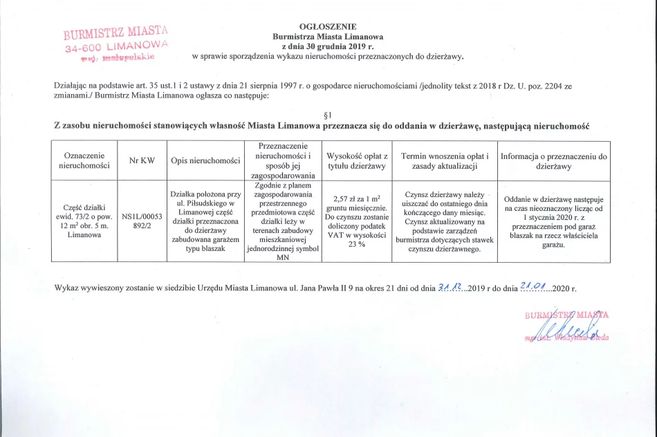 Ogłoszenie Burmistrza Miasta Limanowa z dnia 30.12.2019 r. Dotyczy części działki 73/2 obr 5 m. Limanowa - zdjęcie 2