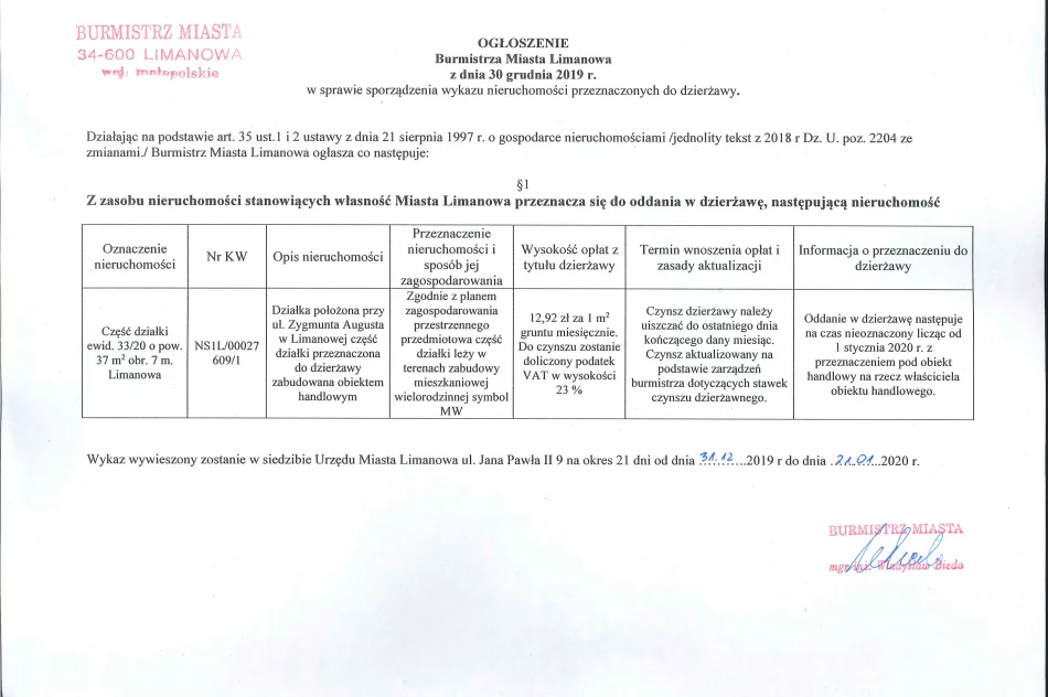 Ogłoszenie Burmistrza Miasta Limanowa z dnia 30.12.2019 r. Dotyczy części działki 33/20 obr 7 m. Limanowa - zdjęcie 2