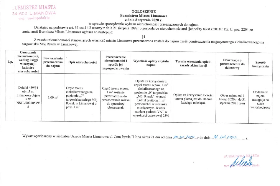 Ogłoszenie Burmistrza Miasta Limanowa z dnia 10.01.2020 r.  - zdjęcie 2