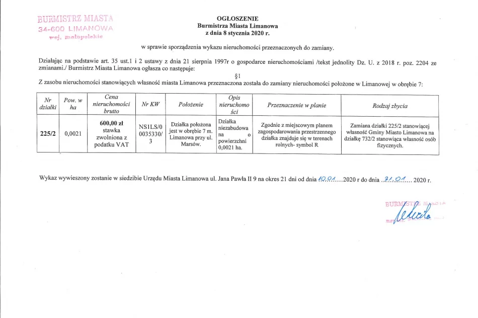 Ogłoszenie Burmistrza Miasta Limanowa z dnia 08.01.2020 r.  - zdjęcie 2