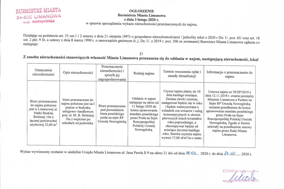 Ogłoszenie Burmistrza MIasta Limanowa z dnia 03.02.2020 r.  - zdjęcie 2