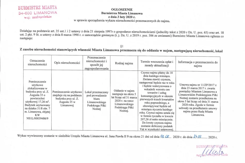 Ogłoszenie Burmistrza MIasta Limanowa z dnia 03.02.2020 r. - zdjęcie 2