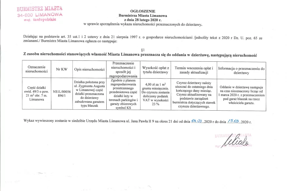 Ogłoszenie Burmistrza MIasta Limanowa z dnia 04.03.2020 r. - zdjęcie 2
