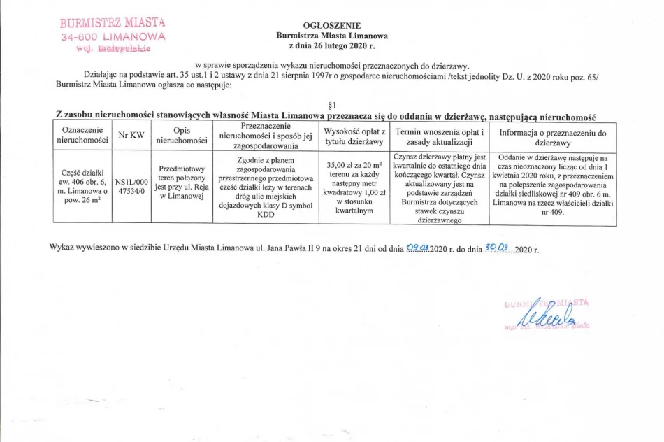 Ogłoszenie Burmistrza Miasta Limanowa z dnia 09.03.2020 r.  - zdjęcie 2