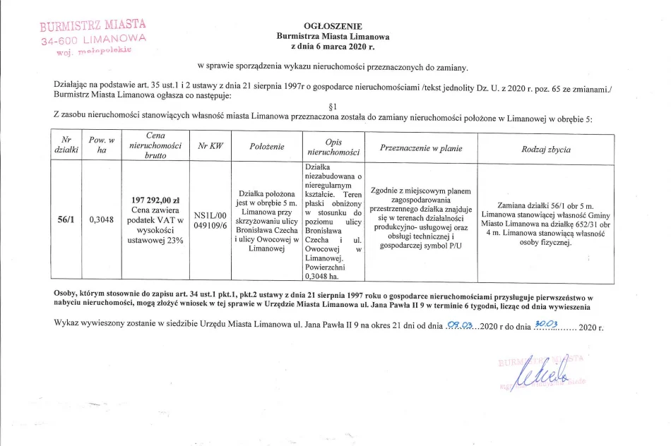 Ogłoszenie Burmistrza Miasta Limanowa z dnia 06.03.2020 r.  - zdjęcie 2