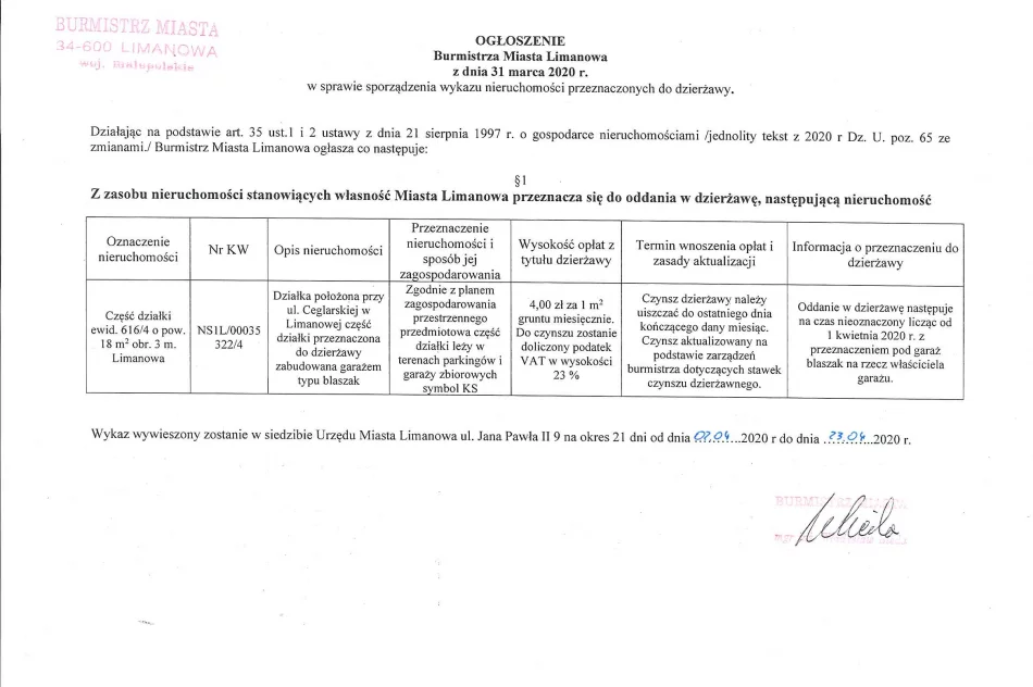 Ogłoszenie Burmistrz Miasta Limanowa z dnia 31.03.2020 r.  - zdjęcie 2