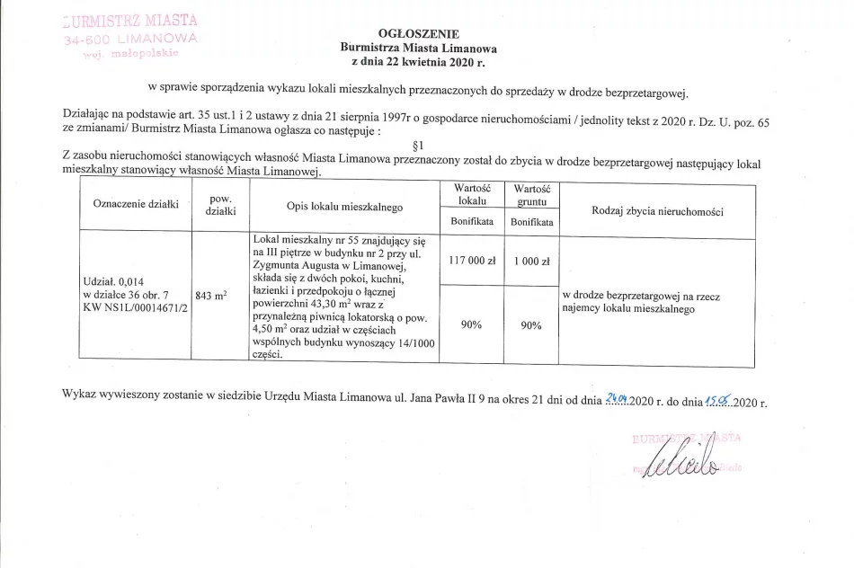 Ogłoszenie Burmistrza Miasta Limanowa z dnia 22.04.2020 r. dotyczy sprzedaży lokalu mieszklanego ul. Z. Augusta 2/55 w Limanowej na rzecz najemcy. - zdjęcie 2