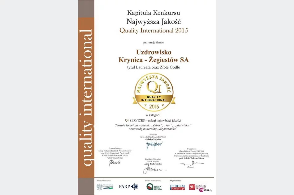 Złote Godło Programu Najwyższa Jakość Quality International 2015 dla Uzdrowiska Krynica – Żegiestów - zdjęcie 2