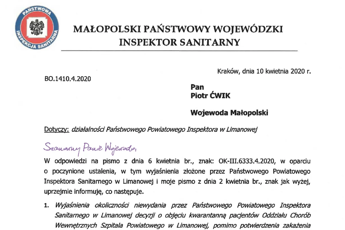 Pismo wojewódzkiego inspektora sanepidu do wojewody w sprawie limanowskiego szpitala