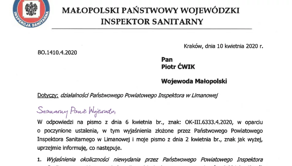 Pismo wojewódzkiego inspektora sanepidu do wojewody w sprawie limanowskiego szpitala - zdjęcie 1