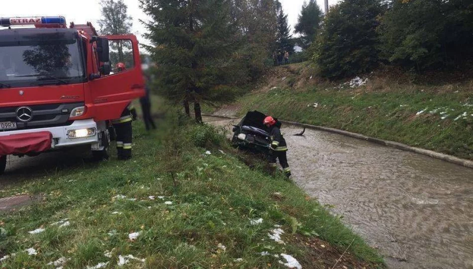 Na ulicy Kraszewskiego w Krynicy – Zdrój samochód wypadł z drogi - zdjęcie 1