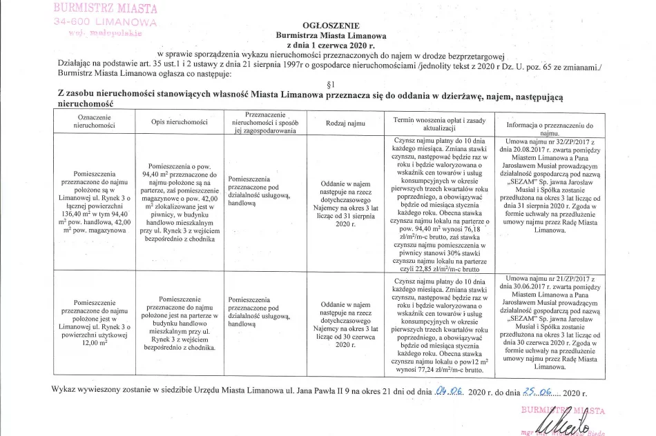 Ogłoszenie Burmistrza Miasta Limanowa z dnia 01.06.2020 r. - zdjęcie 2