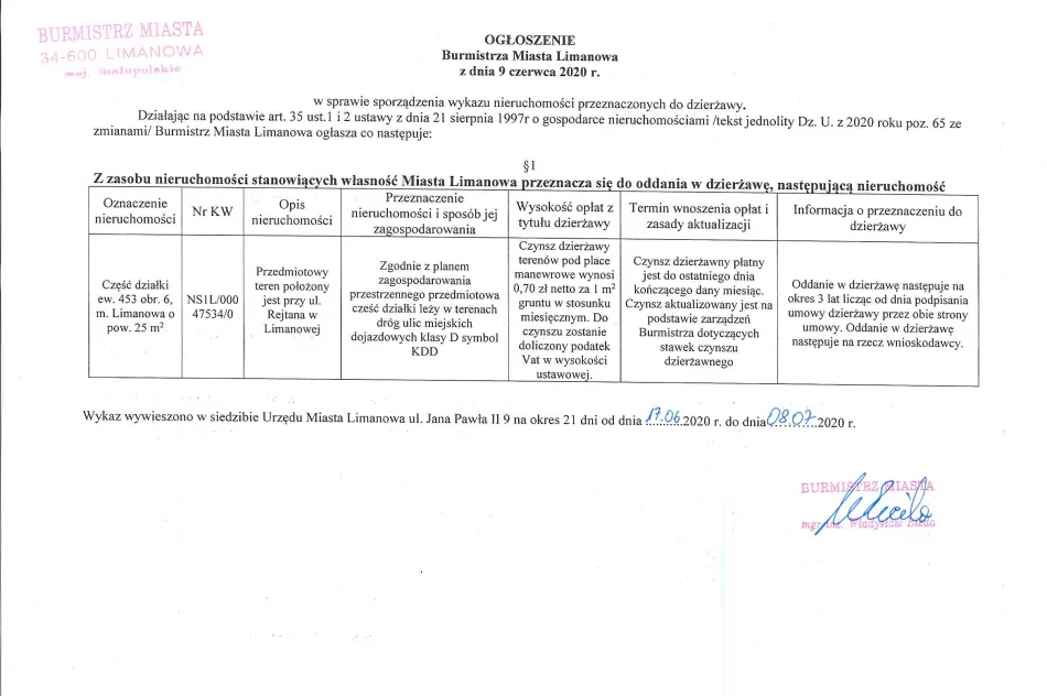 Ogłoszenie Burmistrza Miasta Limanowa z dnia 09.06.2020 r.  - zdjęcie 2