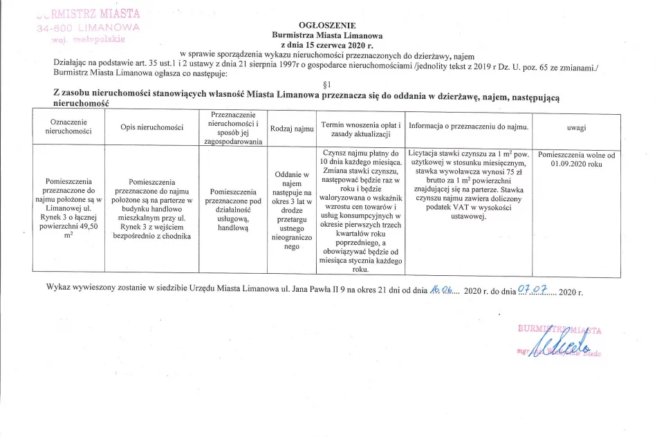 Ogłoszenie Burmistrza Miasta Limanowa z dnia 12.06.2020 r.  - zdjęcie 2