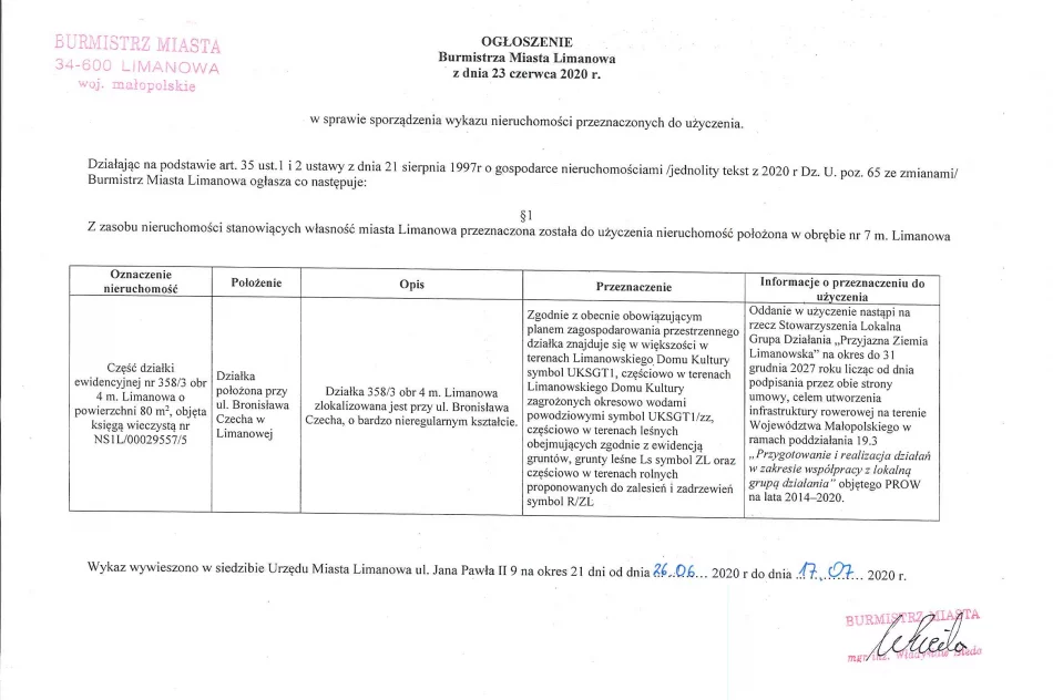 Ogłoszenie Burmistrza Miasta Limanowa z dnia 23.06.2020 r.  - zdjęcie 2