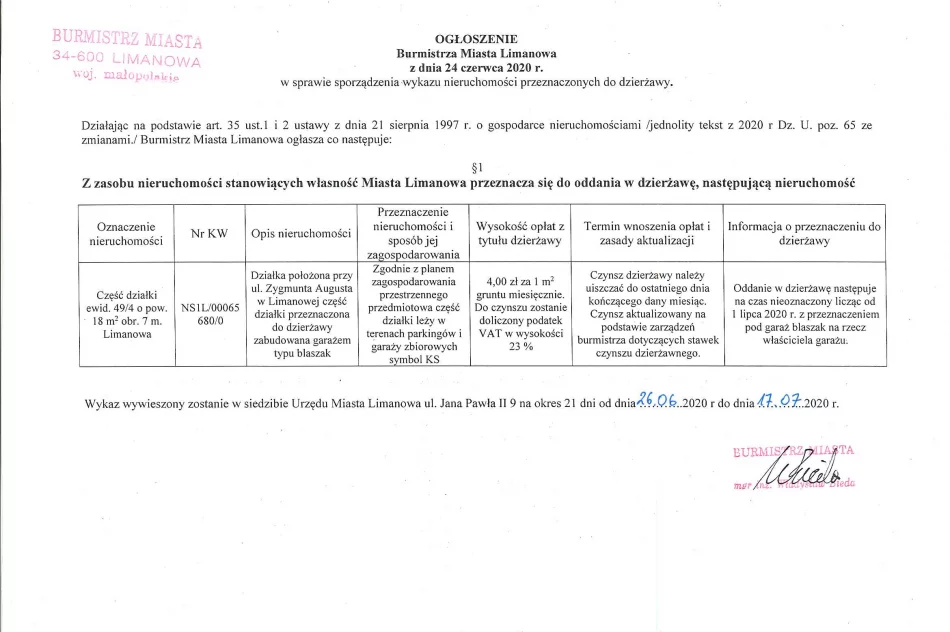 Ogłoszenie Burmistrza Miasta Limanowa z dnia 24.06.2020 r.  - zdjęcie 2