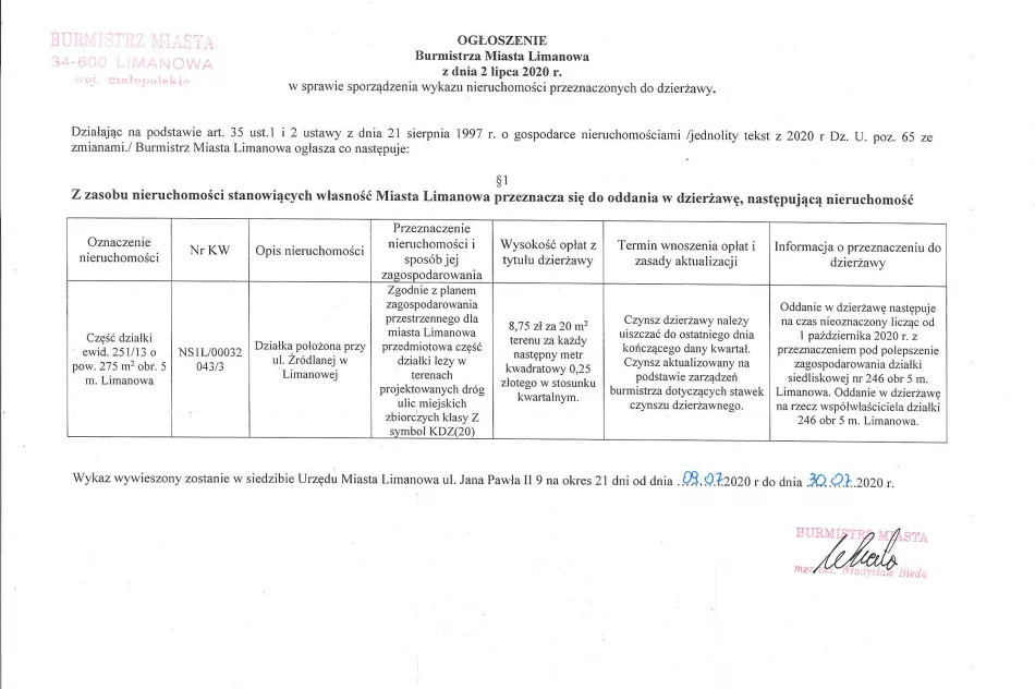 Ołgoszenie Burmistrza Miasta Limanowa z dnia 09.07.2020 - zdjęcie 2