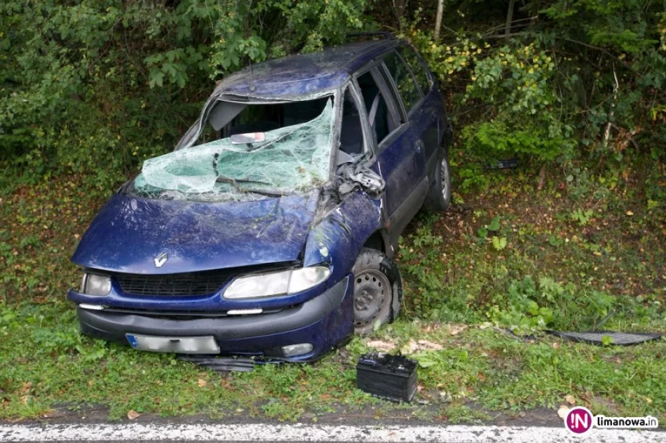 Samochód wpadł do rowu i zatrzymał się na boku. Strażacy wydobyli poszkodowanych z pojazdu - zdjęcie 2