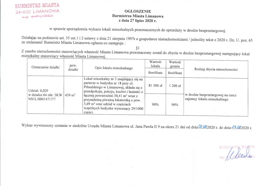 Ogłoszenie Burmistrz Miasta Limanowa z dnia 27.07.2020 r.  - zdjęcie 2