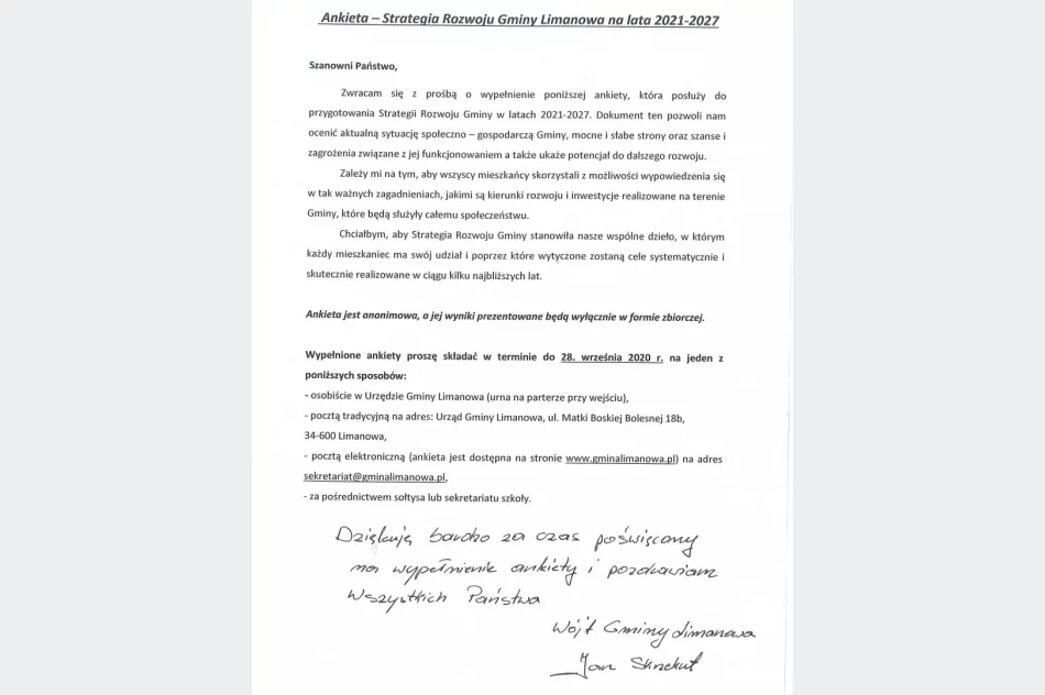 Strategia Rozwoju Gminy Limanowa na lata 2021-2027 - ANKIETA - zdjęcie 2
