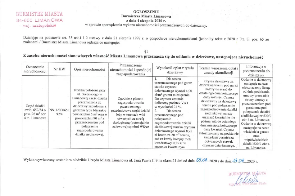 Ogłoszenie Burmistrz Miasta Limanowa z dnia 04.08.2020 r. dotyczący przeznaczenia do dzierżawy części działki 652/54 obr 4 m. Limanowa  - zdjęcie 2