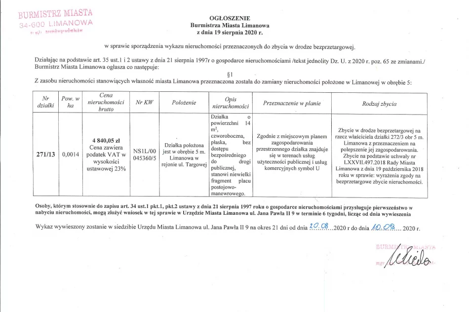 Ogłoszenie Burmistrza Miasta Limanowa z dnia 19.08.2020 roku o przeznaczeniu działki 271/13 obr 5 m. Limanowa do zbycia w drodze bezprzetargowej  - zdjęcie 2