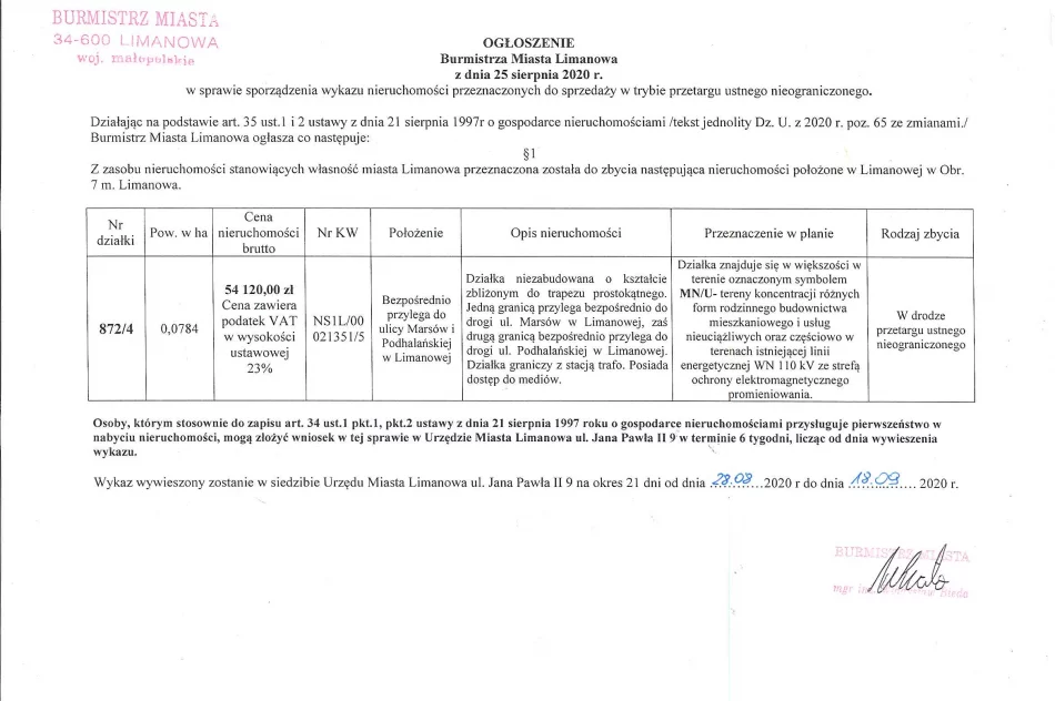 Ogłoszenie Burmistrza Miasta Limanowa z dnia 25.08.2020 r.  - zdjęcie 2